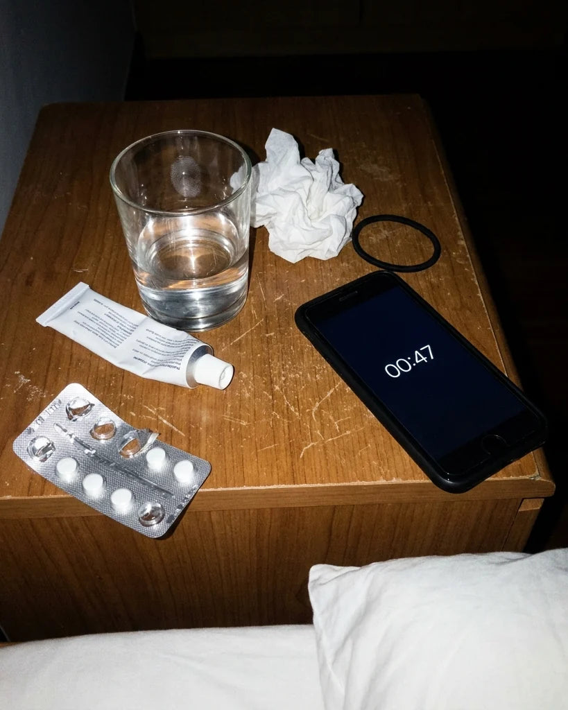 A bedside table at night with a cream tube and tablets