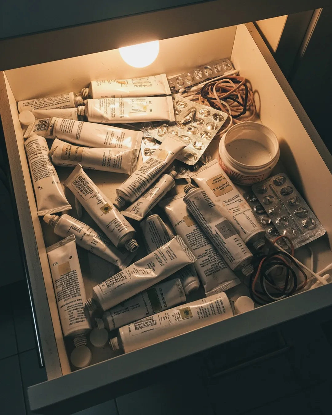 A bathroom drawer full of used steroid cream tubes
