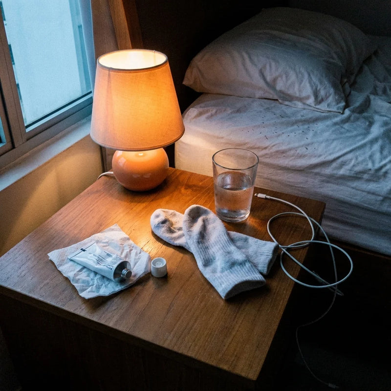 Bedside at night with socks and cream