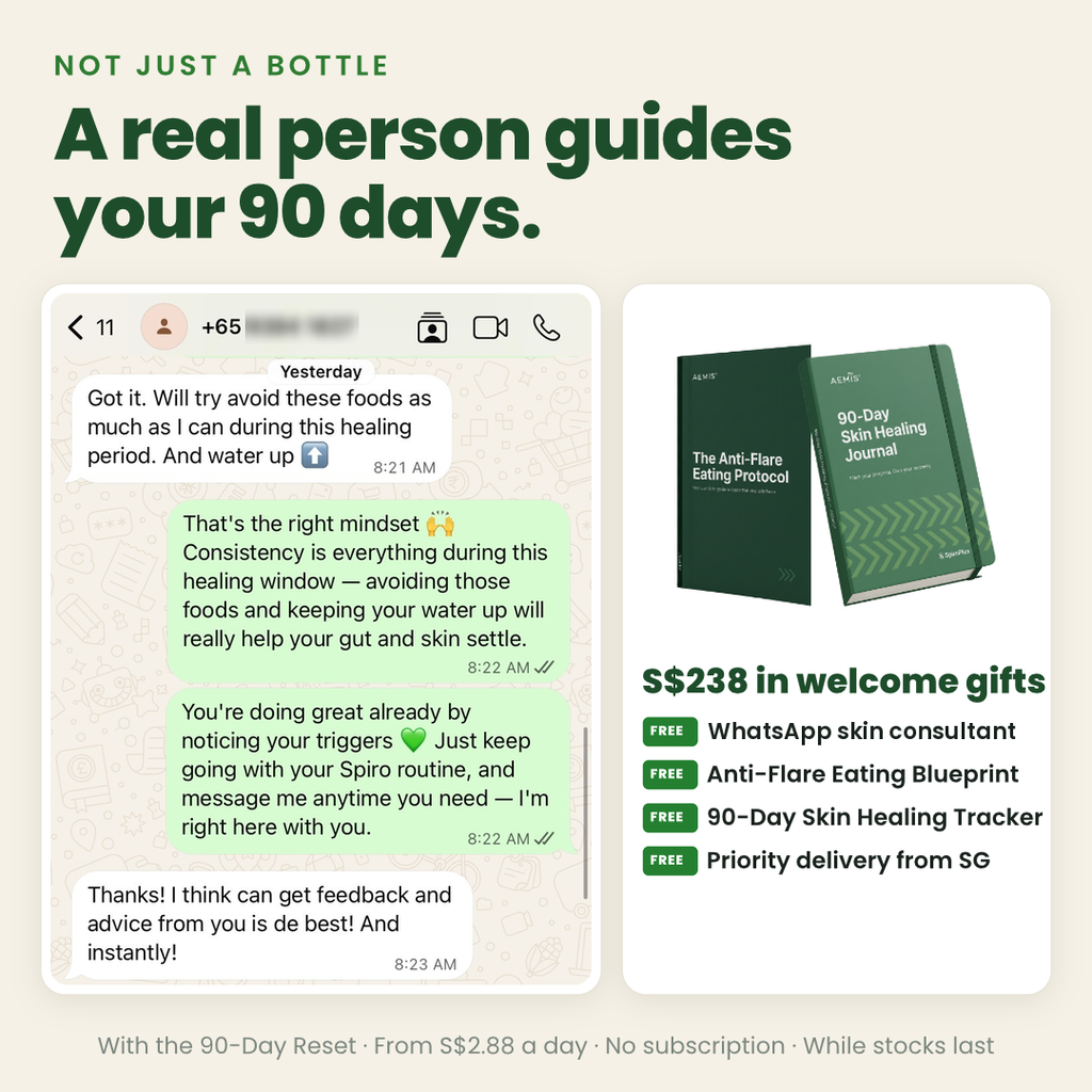 Real WhatsApp chat with a SpiroPlus skin consultant, plus the S$238 welcome gifts